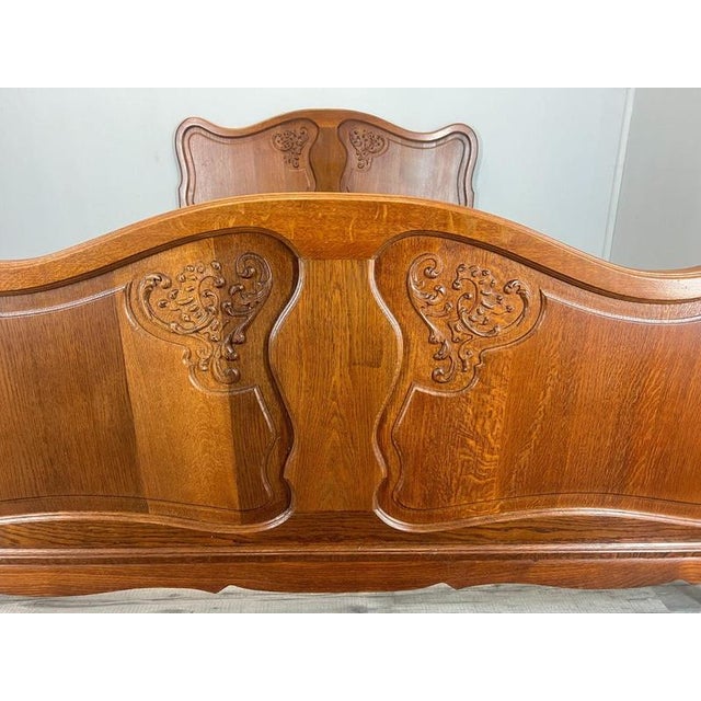 Vintage French Louis XVI Style Oak Double Bed Frame with Carved Headboard For Sale - Image 4 of 12
