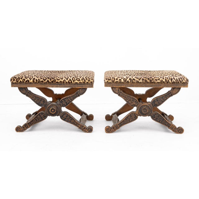 Contemporary Regency Style Leopard Print Upholstered Stools, 2 For Sale - Image 3 of 8