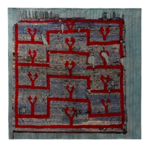 Distressed High-Low Square Kilim, Blue, Red Geometric Pattern by Rug & Kilim