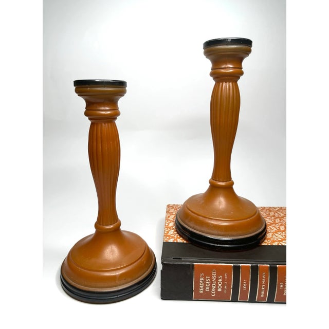 Vintage Art Deco Orange & Black Czechoslovakian Glass Candlesticks, a Pair For Sale - Image 11 of 11