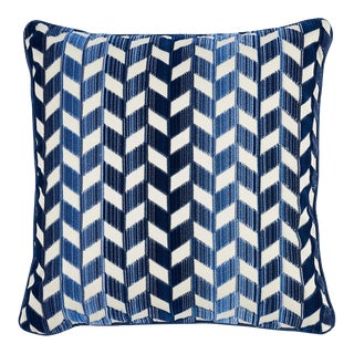Schumacher Chevron Strie Velvet 22" Pillow in Lapis For Sale