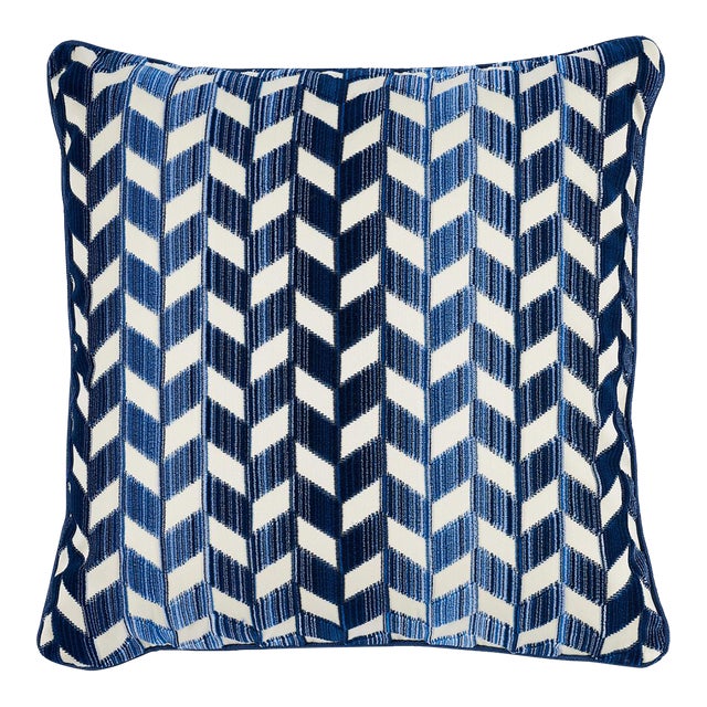Schumacher Chevron Strie Velvet 22" Pillow in Lapis For Sale