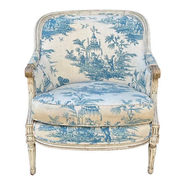 19th Century French Bergere Chair in Blue and White English Toile For Sale