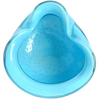 Alfredo Barbini Murano Blue Bubbles Gold Flecks Italian Art Glass Ashtray Bowl For Sale