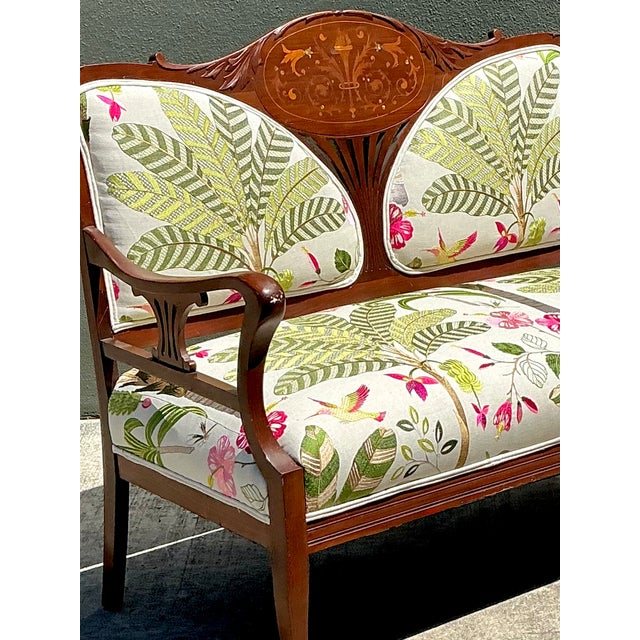 Mid 20th Century Vintage Carved Wood Settee With Embroidered Botanical Upholstery For Sale - Image 5 of 12