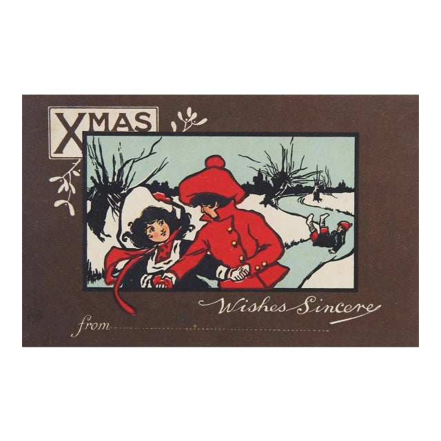 Antique Christmas Print Girls Ice Skating For Sale