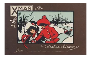Antique Christmas Print Girls Ice Skating