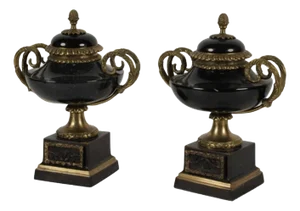 Pair French Marble and Bronze Covered Urns