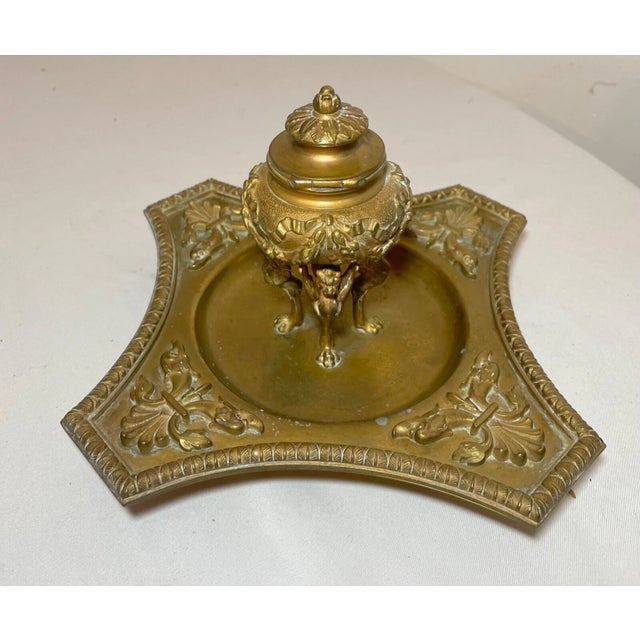 Victorian Antique Ornate 1800's Victorian Gilt Bronze Griffin Brass Desk Inkwell Stand Jar For Sale - Image 3 of 17