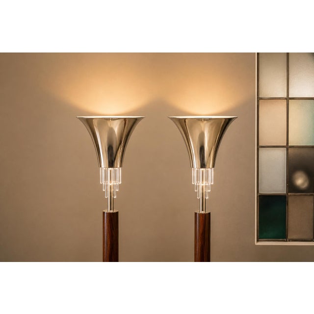 1950s Pair of “Torchierre” Floor Lamps in Rosewood, Crystal & Metal, Unknown, 1950s For Sale - Image 5 of 12