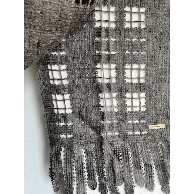 Burberry Mohair Macrame Windowpane Wrap Scarf, Brand New, Made in Italy, Medium Gray For Sale In Chicago - Image 6 of 10