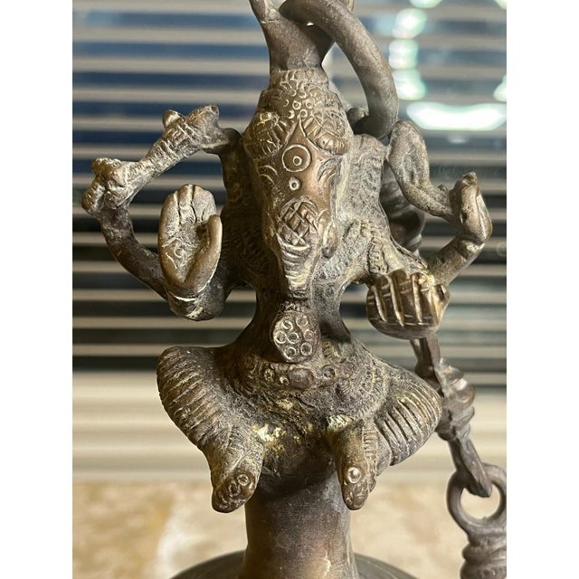 Antique Bronze Ganesha Temple Hanging Bell 10" 5lbs+ w/ Custom 24" Brass Chain For Sale - Image 4 of 10