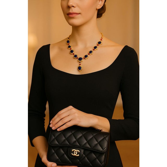 Gemstone Bochic “Capri” Vintage Sapphire & Ruby Necklace Set In 18K Gold & Silver For Sale - Image 7 of 14