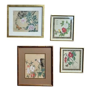 Collection Four Asian Japanese Silk Watercolor Framed Paintings For Sale