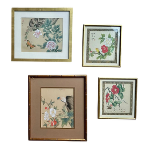 Collection Four Asian Japanese Silk Watercolor Framed Paintings
