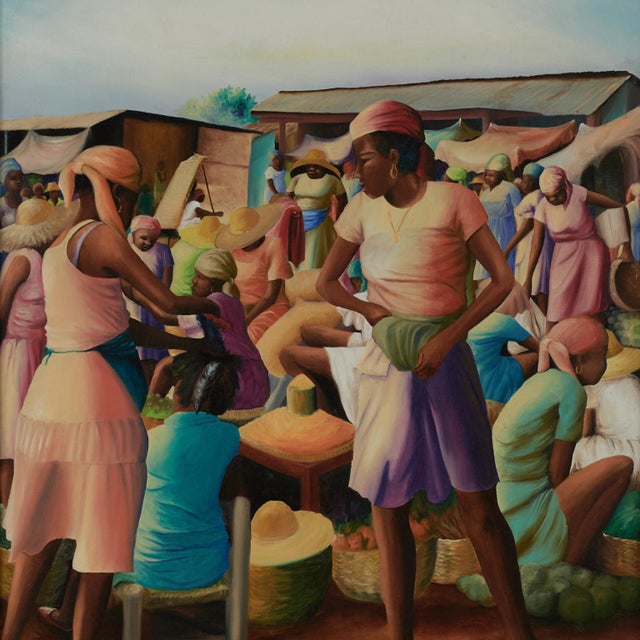 1980s Vintage Haitian Painting of a Marketplace by Jean-Elie Brisson For Sale - Image 5 of 11
