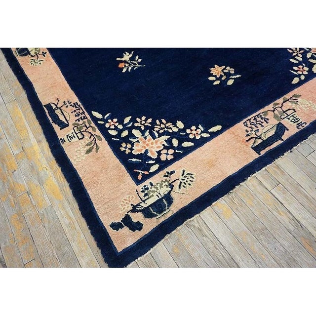 Art Deco 1920s Antique Blue Field Vase Medallion Wool Knotted Peking Runner Small Rug For Sale - Image 3 of 11
