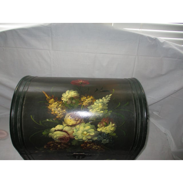 This is a Gorgeous Vintage Victorian Style Wood Storage Trunk Chest that has Beautiful Hand Painted Flowers in a Vase on a...