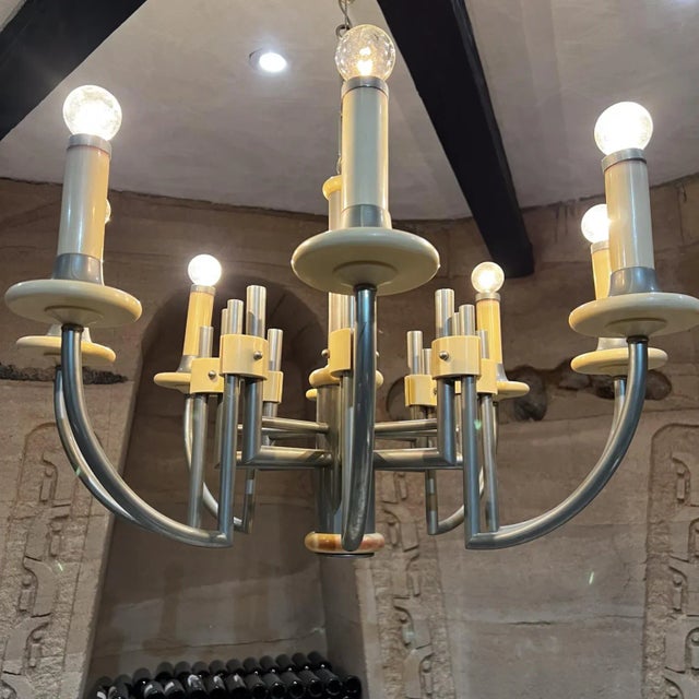 1940s Art Deco Chandelier, Eight Arm, Bakelite & Chrome, 34x31 Inches For Sale - Image 4 of 11