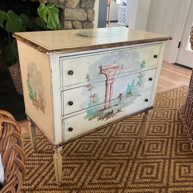 Neoclassical Charming Petite Antique Italian Neoclassical Style Commode With Hand Painted Architectural Scene For Sale - Image 3 of 11