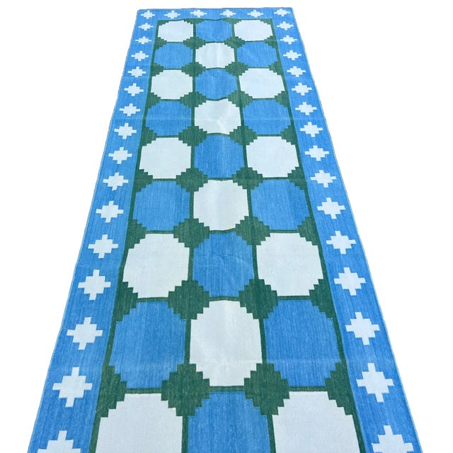 Sky Blue Handmade Cotton Dhurrie Vegetable Dyed Sky Blue and Green Tile Runner- 3'x20' For Sale - Image 8 of 10