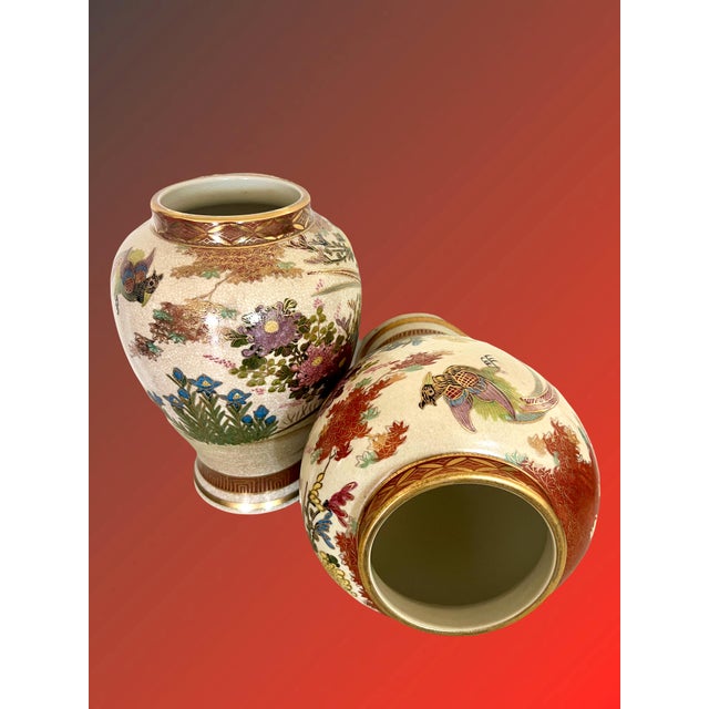 Gold Large Antique Japanese Lidded Ginger Jars With Whimsical Exotic Birds, Flowers & Gilt Accents, a Pair - Shimazu Family For Sale - Image 8 of 15