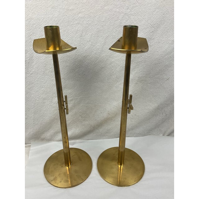 Brass Mid Century, Solid, Brass, Modernist Candleholders, in the Style of Tommi Parzinger For Sale - Image 8 of 12