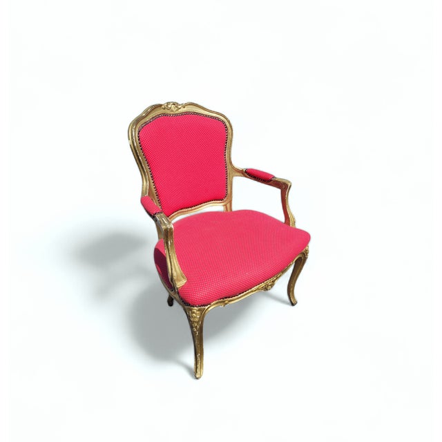 Vintage French Louis XV Style Giltwood Armchair with Rococo Carved Frame and Nailhead Trim, 1940s For Sale - Image 17 of 17