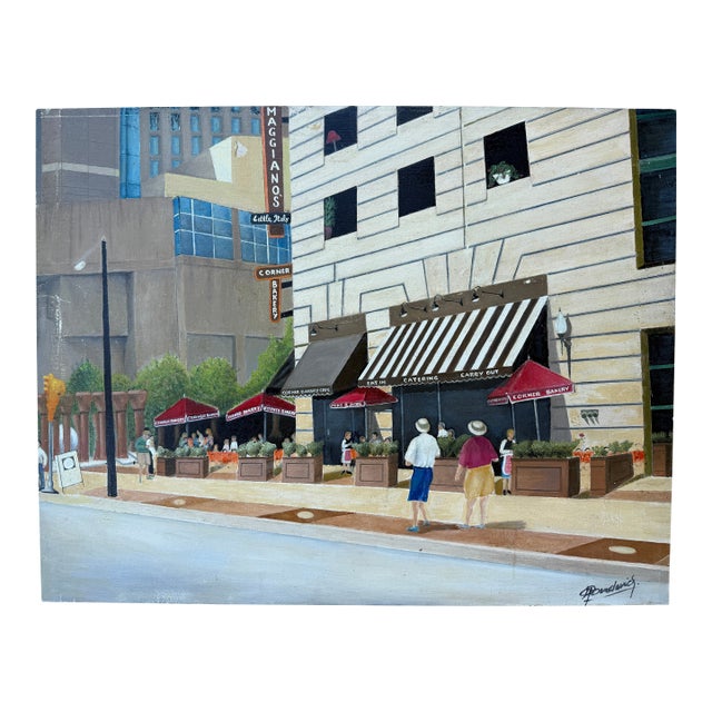 Oil on Masonite Cityscape Painting From 80's/Signed For Sale