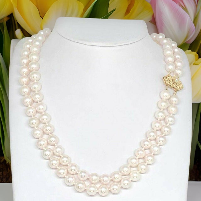 2010s Diamond Akoya Pearl 14 Karat 2-Strand Necklace Certified For Sale - Image 5 of 15