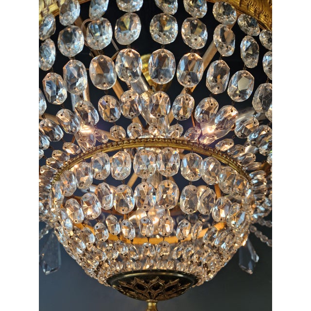 Metal 1900s Baroque Revival Crystal Chandelier Brass Basket Form Restored Historicism For Sale - Image 7 of 13