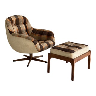 Mid Century Walnut and Original Upholstery Plaid Pod Chair and Ottoman For Sale