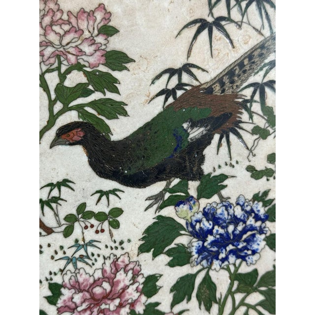 Early Meiji Japanese Cloisonne Enamel Charger White Ground Pheasant and Peonies For Sale - Image 4 of 14