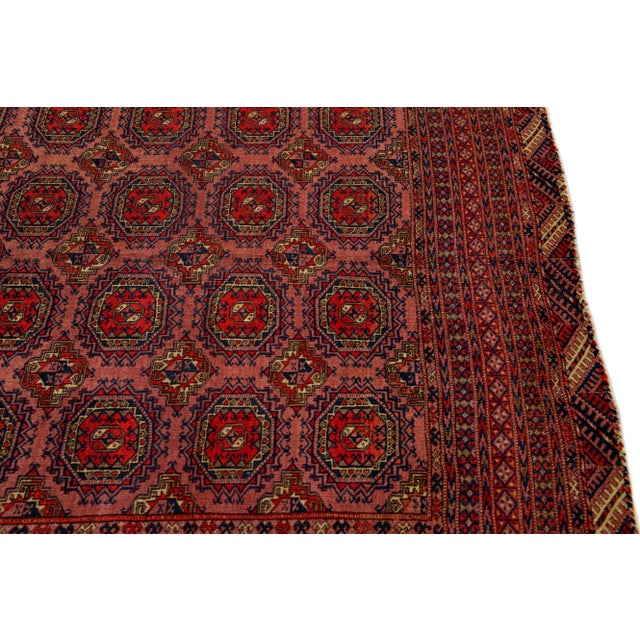 Textile Vintage Turkmen Handmade Geometric Persian Wool Rug With Terracotta Color For Sale - Image 7 of 9