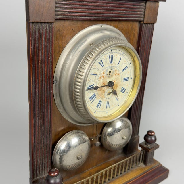 Wood Antique Empire Wooden Hand-Wound Mechanical Clock with Bell, 1890s For Sale - Image 7 of 14