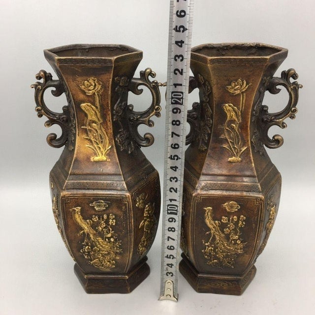 Metal Pair of Chinese Gilt Bronze Hexagonal Vases With Phoenix & Peony Motif For Sale - Image 7 of 8
