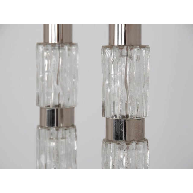 Pair 1960's Italian Lucite clumn side or table lamps with modern reflective shades. Made of lucite and chrome these have...