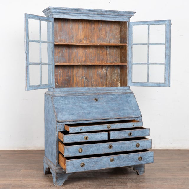 Mid 19th-century Swedish pine secretary with newer professionally applied layered blue exterior painted finish. Upper...