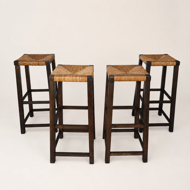 1960s Dutch Mid-Century Modern Oak and Rush Bar Stools, Set of Four, 31.5" H For Sale - Image 4 of 6