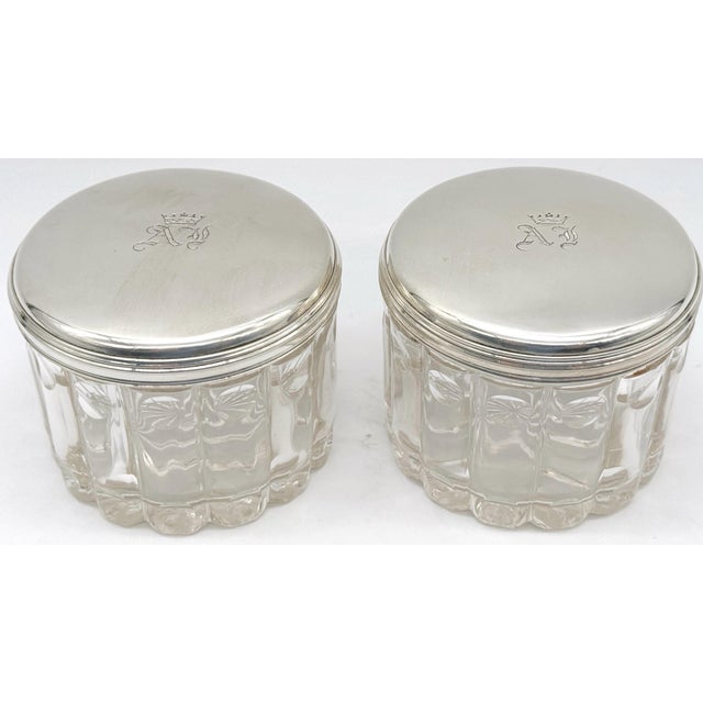 Pair of French Silver & Cut Glass Armorial Dresser Jars—AF Monogram, Bamboo Motif, 19th Century This elegant pair of...