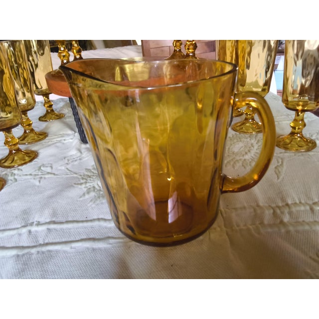 1970s Vintage Mid-Century Amber Glass Water Pitcher & Tall Stemmed Goblets Rare 13-Piece Set For Sale - Image 5 of 6