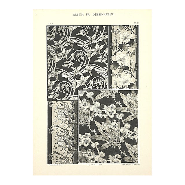 1900 Antique French Art Nouveau Floral Design Lithograph For Sale