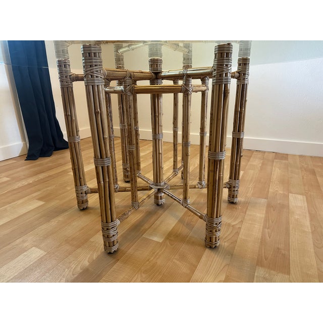 1990s Unmarked McGuire Organic Modern Bamboo & Rattan Circular Dining Table With Glass Top For Sale - Image 12 of 12