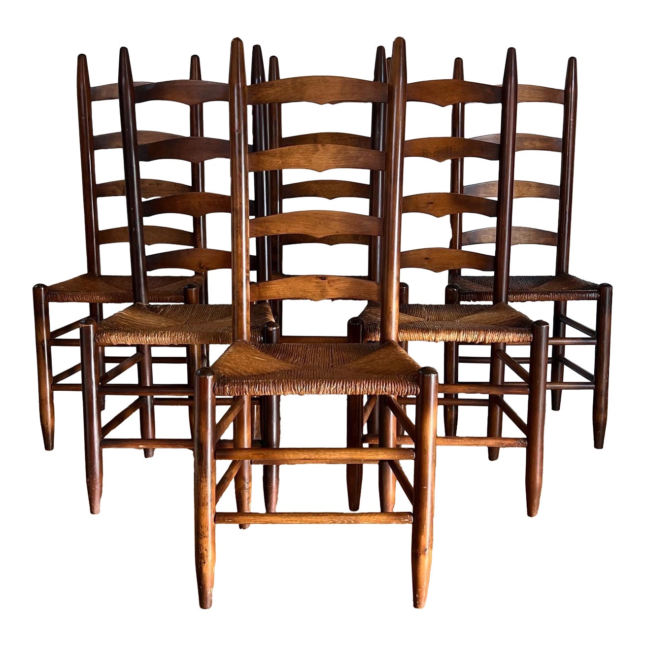 Set of 6 Perriand Style French Country Wicker Ladder Back Dining Chairs ...