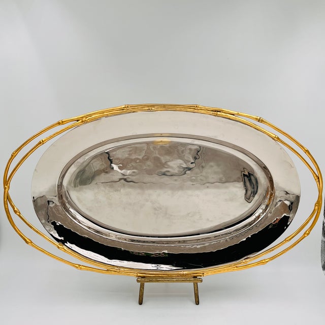 l'Objet Contemporary 24 Karat Gold & Nickel Plated Faux Bamboo Handled 24" Oval Platter Butler's Tray For Sale - Image 12 of 17