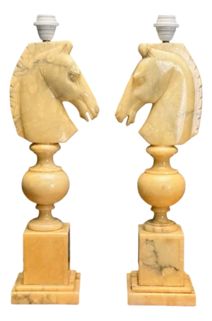 Pair of Italian Modern, Hand Carved Alabaster, Horse Motif, Table Lamps, Italy, 1950s