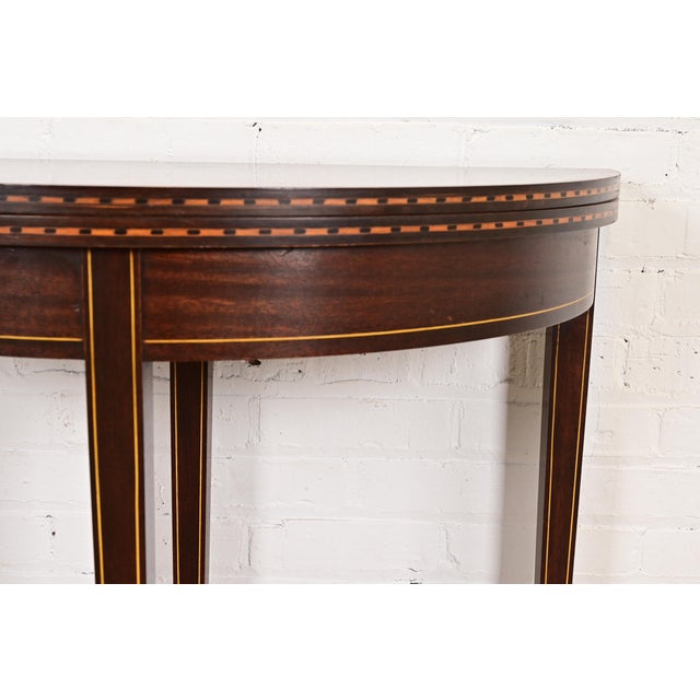 Wood Late 20th Century Baker Furniture Style Federal Inlaid Mahogany Flip Top Demilune Console Game Table For Sale - Image 7 of 14