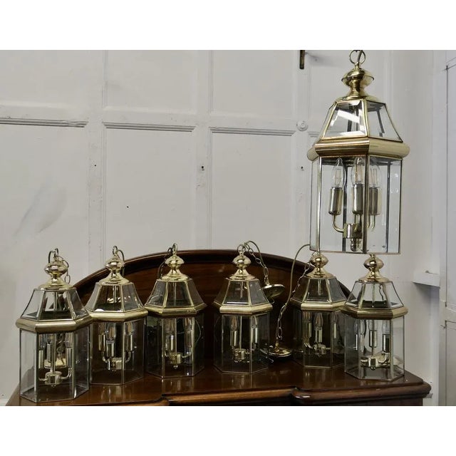Mid-Century Modern Art Deco Brass & Glass Hall Lanterns, 1970s, Set of 7 For Sale - Image 3 of 12
