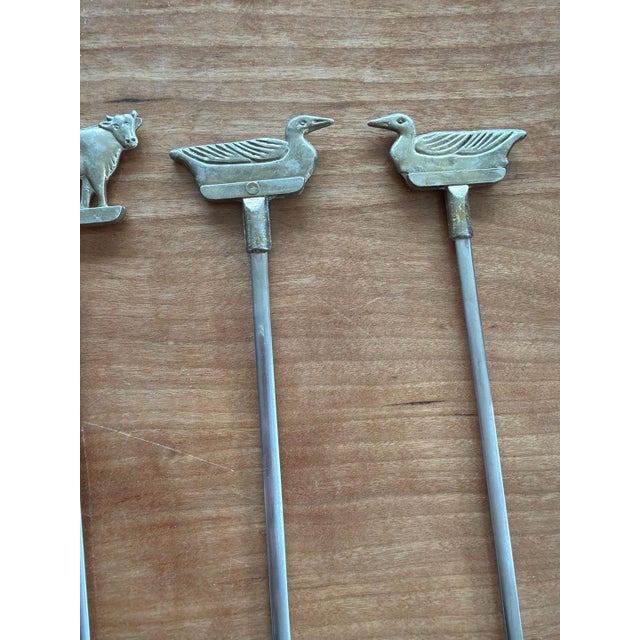 2010s Vintage Mid-Century Brass Farm Animal Finial BBQ Shish Kebab Skewers Set of 8 For Sale - Image 5 of 7