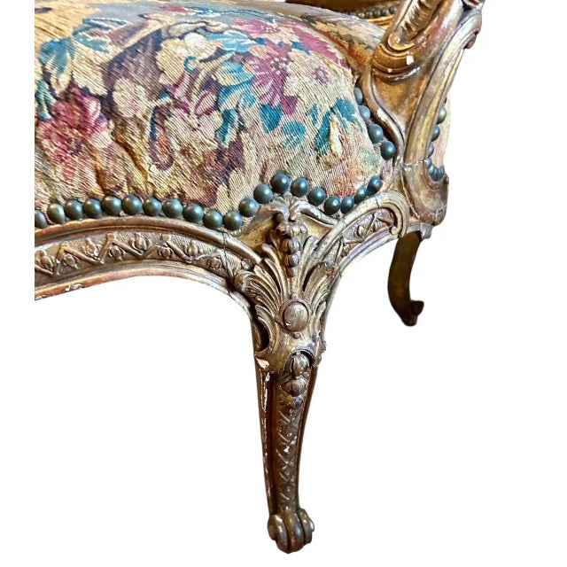Gold Louis XV Style Giltwood Fauteuil, in the Manner of Jean-Baptiste Tilliard, 19th Century For Sale - Image 8 of 15